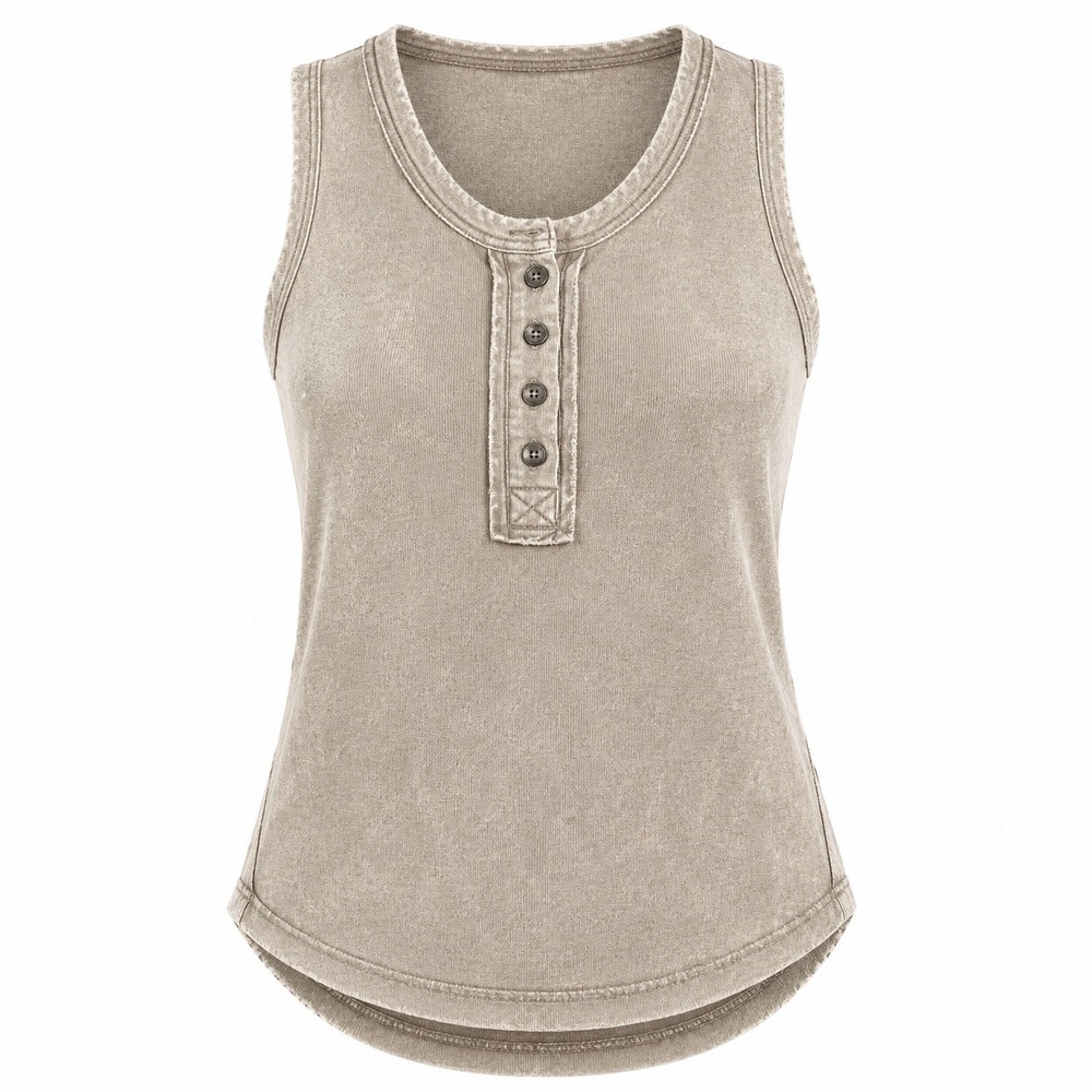Zenana NEW Mineral Wash Henley Tank Top mocha small boho Sleeveless western